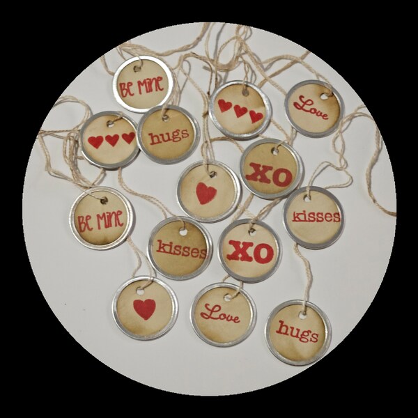 10 Assorted Primitive Valentine's February 14 LOVE Heart Hugs Kisses Be Mine XO Metal Rimmed Hang Tags Ties Mini Tree Ornaments Ornies