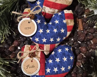 Americana July 4 Heart Bowl Fillers: Primitive Patriotic Ornaments, Set of 3