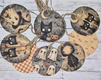 8 Primitive Pumpkin Black Cat Ghost Fall Seasonal Hang Tags: Halloween Ornaments ~ 2.50 Diameter