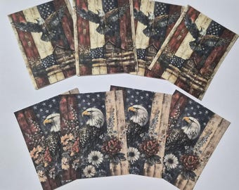 Set of 9 Patriotic July 4 Eagle Flag Floral Hang Tags: Primitive Americana Decor