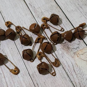12 Primitive Safety Pins and 12 Rusty Jingle Bells 10mm 13mm or 18mm Supplies for Crafting Scrapbooking Ornies Dollies and More image 7