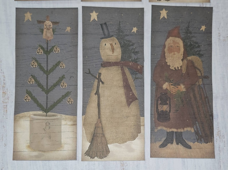 6 Primitive Farmhouse Folk Art Santa Claus Snowman Angel Christmas Holiday Hang Tags Gift Ties Vendor Tags Ornies Decoration image 2