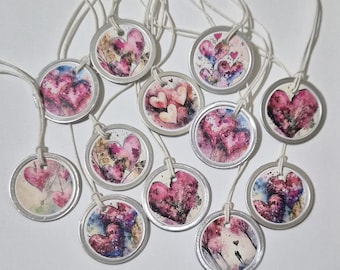 Valentine Heart Hang Tags: Miniature Metal Rim Ornaments, Scrapbooking Favors (Set of 12)