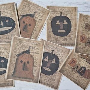 Primitive Halloween Hang Tags: Pumpkin Jack O Lantern Fall Decor, Set of 8