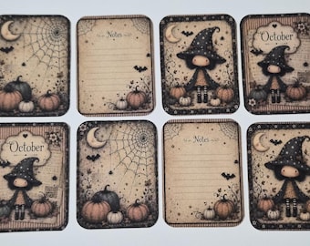 Primitive Halloween Witch Pumpkin Fall Seasonal Tags: Set of 8