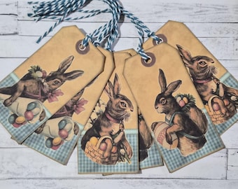 6 Nostalgic Easter Bunny Rabbit Spring Time Hang Tags Gift Ties Tree Ornaments