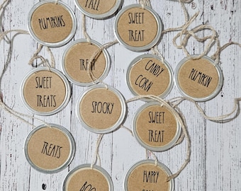 Halloween Hang Tags: Grungy Fall Words, Metal Rimmed, Set of 12 or 24