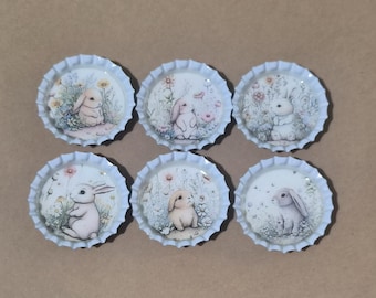 Bunny White Bottle Cap Charms: Whimsical Miniature Ornaments, DIY Crafts - Set of 6