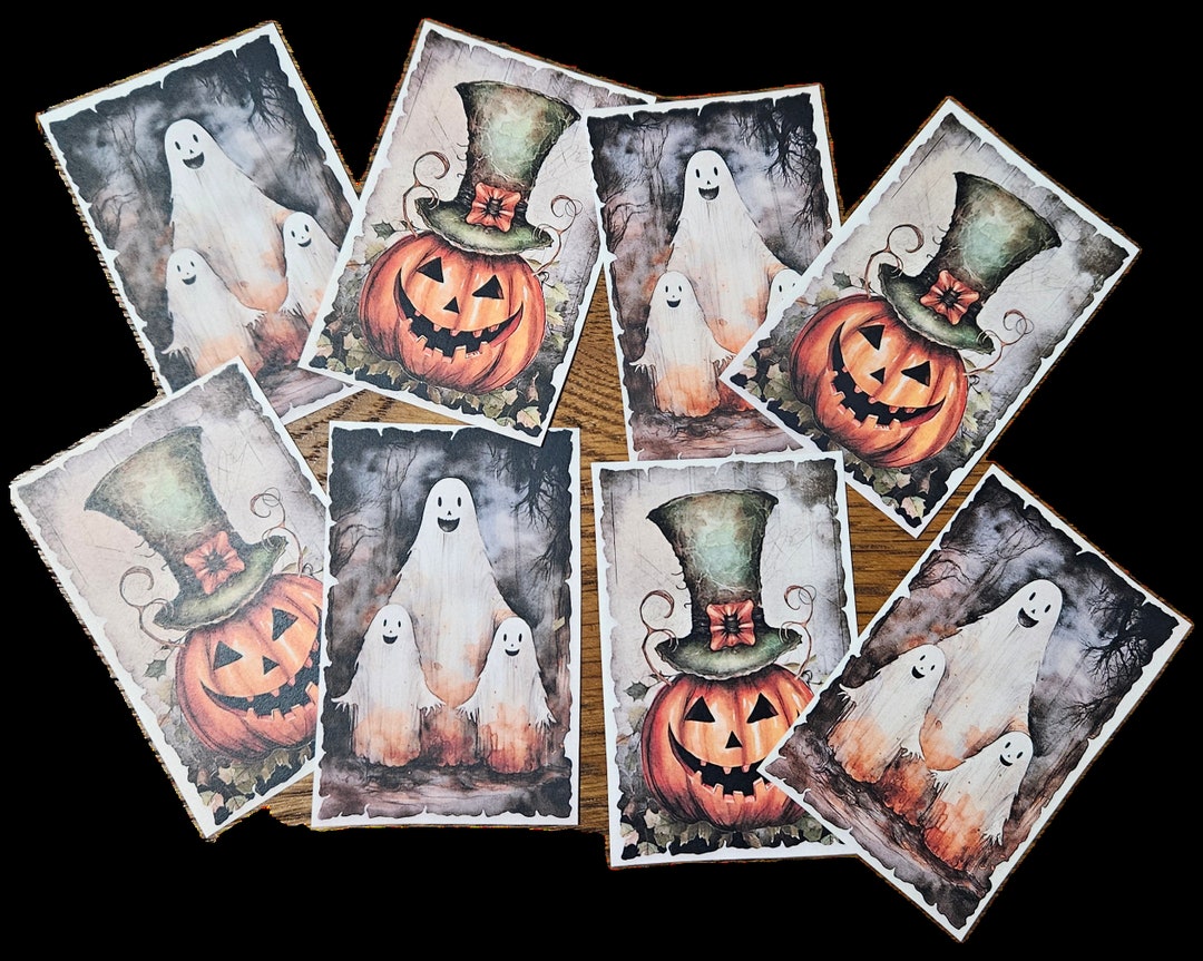 8 Whimsical Halloween Ghost Jack O Lantern Pumpkins Card Stock Hang ...