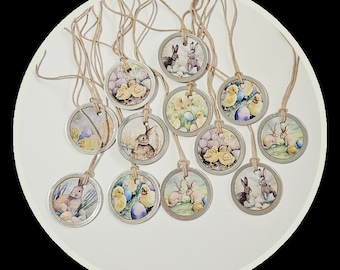 12 or 24 ~1 1/4" TINY Prim Metal Rimmed Hang Tags Easter Bunny & Chicks Hang Tags Mini Tree Ornaments Ornies Scrapbooking Party Favors Decor