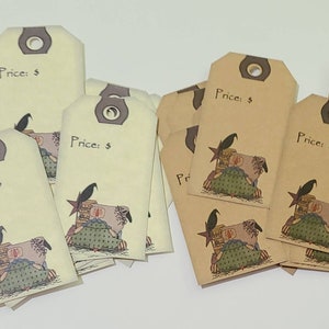 Escolha de 12 Primitive Country Farmhouse Sheep Crow Doll Card Stock Price Tags Hang Tags Kraft Brown ou Bege Tonal Paper