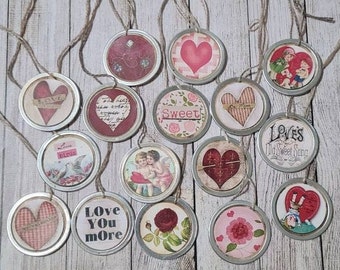 10  12 or 24 Primitive Metal Rimmed Hang Tags Valentine Love Hearts Hang Tags Mini Tree Ornaments Ornies Scrapbooking Party Favors Gift Ties