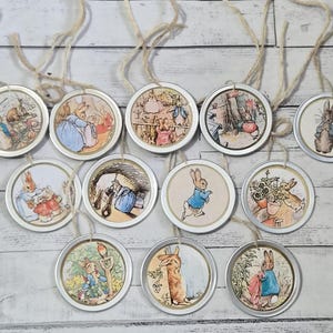May include: A collection of round, silver-rimmed ornaments featuring illustrations of Peter Rabbit and other characters from the classic children's book. Each ornament has a string for hanging and depicts scenes in vibrant colors.