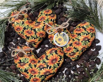 Sunflower Heart Shaped Fabric Ornaments Bowl Fillers, Set of 3 or Individually