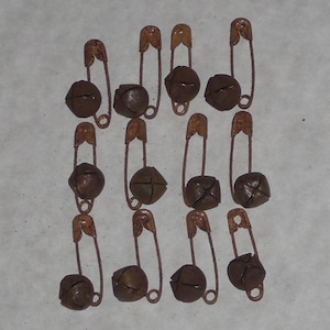 12 Primitive Safety Pins and 12 Rusty Jingle Bells 10mm 13mm or 18mm Supplies for Crafting Scrapbooking Ornies Dollies and More image 4