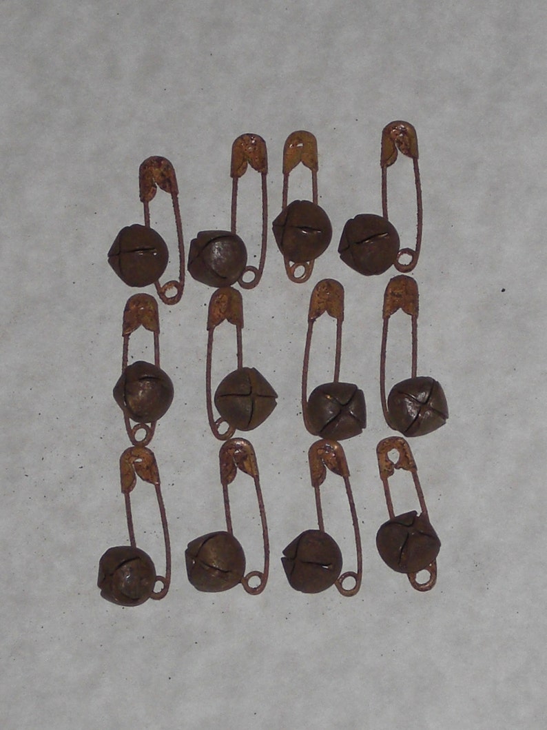 12 Primitive Safety Pins and 12 Rusty Jingle Bells 10mm 13mm or 18mm Supplies for Crafting Scrapbooking Ornies Dollies and More image 4