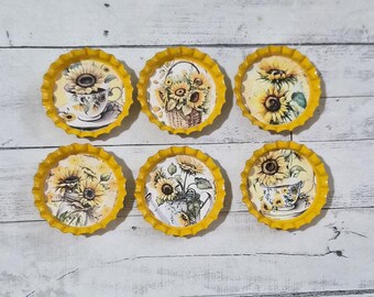 Floral Sunflowers Yellow Bottle Caps or Charms; Set of 6