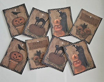 Halloween Hang Tags: Primitive Pumpkin, Black Cat Gift Ties (Set of 8)