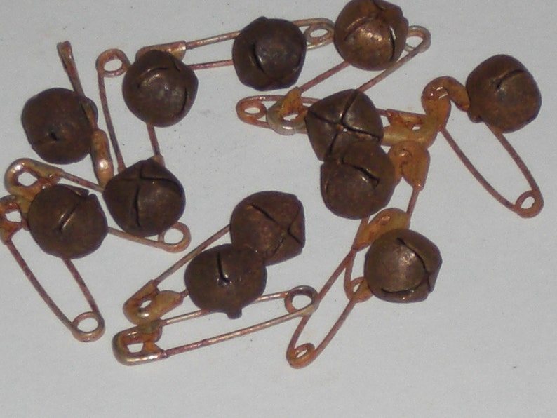 12 Primitive Safety Pins and 12 Rusty Jingle Bells 10mm 13mm or 18mm Supplies for Crafting Scrapbooking Ornies Dollies and More image 3