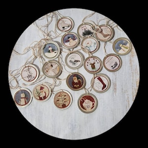 Primitive Christmas Hang Tags: Metal Rimmed Holiday Ornaments, Set of 12