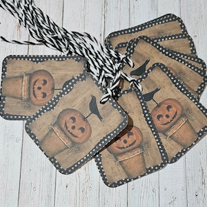 Primitive Farmhouse Halloween Hang Tags: Pumpkin & Crow Gift Ties (Set of 9)