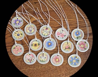 10 Whimsical Mothers Day Spring Summer Floral TINY TAGS 1 1/4 Inch Hang Tags Feather Twig Miniature Tree Ornaments Scrapbooking DIY Accents