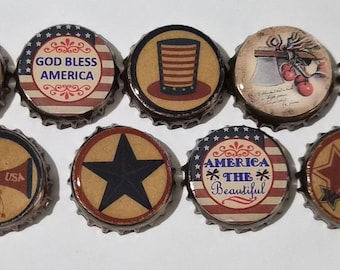 9 Bronze Bottle Cap Charms Americana July 4 Mini Tree Ornaments Party Favors