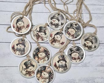 Primitive Snowman Mini Hang Tags: Metal Rimmed Christmas Ornaments, Set of 12