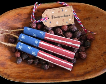 3 Primitive Farmhouse Patriotic Rustic USA July 4th Americana Wooden Firecracker Bowl Fillers Party Favors Tiered Tray Summer Decor Accents