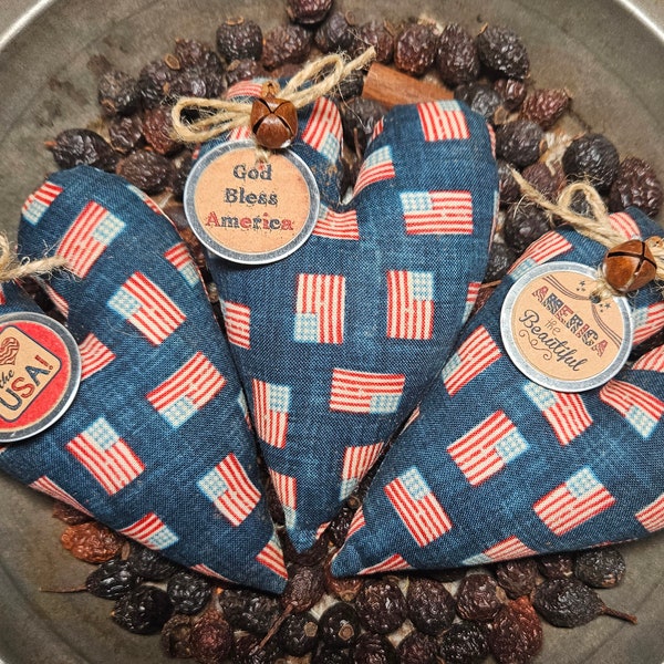 3 Primitive Grungy Farmhouse July 4 USA Americana Patriotic FLAG Red White and Blue Heart Ornies Ornaments Tiered Tray Tucks Bowl Fillers