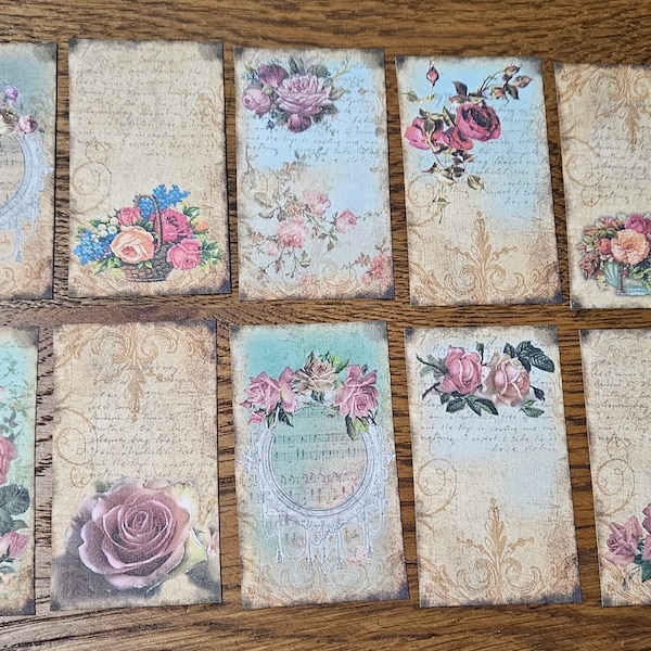 10 Floral Vintage Nostalgic Victorian Rose Flowers Hang Tags Price Tag Scrapbooking Journals 3 1/4 x 1 7/8 inch TAG Antique Accent Decor