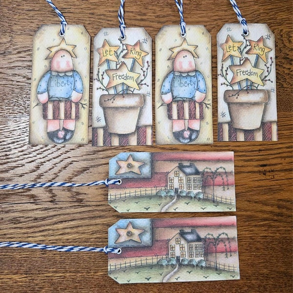 6 Americana Country Primitive Patriotic Red White Blue USA July 4th Flag Rustic Hang Tags Gift Ties Scrapbooking Ornies Tree Ornaments