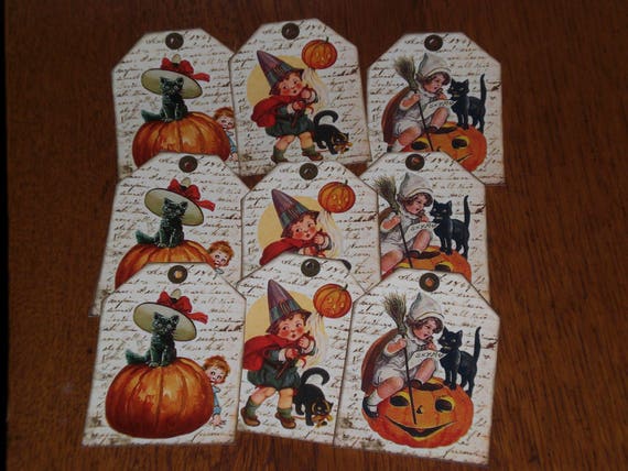 SET OF NINE PRIMITIVE BEAUTIFUL HALLOWEEN WITCH HANG TAGS WITH PUMPKINS AND BATS 
