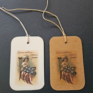10 etiquetas colgantes de granja primitiva, corbatas de regalo, 4 de julio, Betsy Ross, bandera de Estados Unidos, día de la independencia, decoración de fiesta, decoración de mesa
