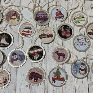 Metal Rimmed Christmas Hang Tags: Nostalgic Holiday Ornaments (Set of 12)