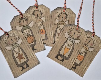 Primitive Farmhouse Halloween Pumpkin Hang Tags: Annie Fall Decor, Set of 6