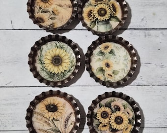 Floral / Sunflowers Bronze Distressed Bottle Caps or Charms; Set of 6