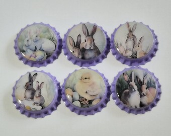 Easter Bunny Rabbit & Chick Lilac Bottle Caps or Charms; Set of 6