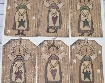 Primitive Farmhouse Christmas Angel Hang Tags: Annie Winter Decor, Set of 6
