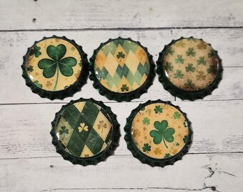 St. Patrick's Day Bottle Caps or Charms, Shamrock Ornaments, Party Favors (Set of 5)