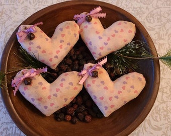 SALE - 4 Primitive Pastel Farmhouse VALENTINE LOVE Pink Purple Hearts Heart Shaped Bowl Fillers - Ornies - Tucks - Ornaments - Mini Pillows