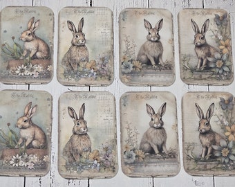 8 Primitive Easter Ephemera ATC Cards Farmhouse Whimsical Bunny Rabbit Spring Floral Hang Tag Gift Ties Scrapbooking Tree Ornies Party Décor