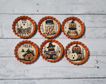 Halloween Bottle Cap Charms: Primitive Fall Ornaments, Party Favors (Set of 6, 1.25 Inch )