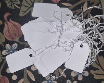 25 Mini Farmhouse Hang Tags: White or Grungy Stained Price Tags with String