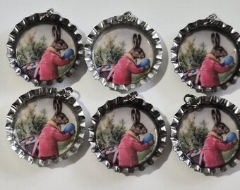 Nostalgic Easter Bunny Bottle Cap Charms Mini Tree Ornaments: Set of 6
