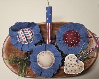 Denim Patriotic Flower Bowl Fillers with Wooden Firecracker: Americana Decor