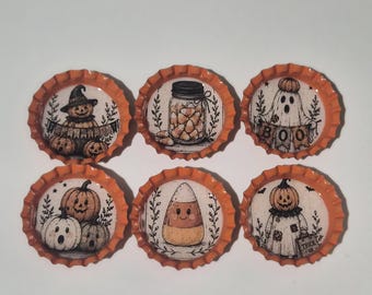 Halloween Bottle Cap Charms: Primitive Fall Ornaments, Party Favors (Set of 6, 1.25 Inch )