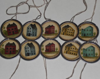 Set of 10 - Primitive Country Folk Art Salt Box Houses Metal Rimmed TINY Hang Tags -- Tie Ons - Gift Tag - Miniature Tree Ornaments - Ornies