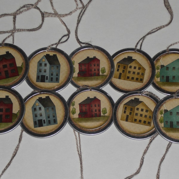 Set of 10 - Primitive Country Folk Art Salt Box Houses Metal Rimmed TINY Hang Tags -- Tie Ons - Gift Tag - Miniature Tree Ornaments - Ornies