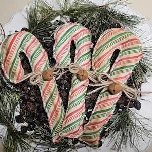 Individually Priced Primitive Farmhouse Christmas Striped Fabric Candy Canes Ornies Tree Ornaments Bowl Fillers Tiered Tray Decor Accents